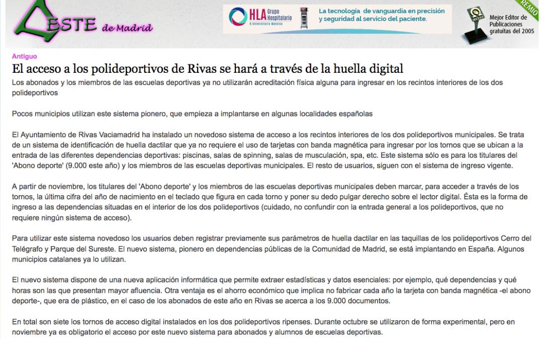 EstedeMadrid.com: El acceso a los polideportivos de Rivas se hará a través de la huella digital